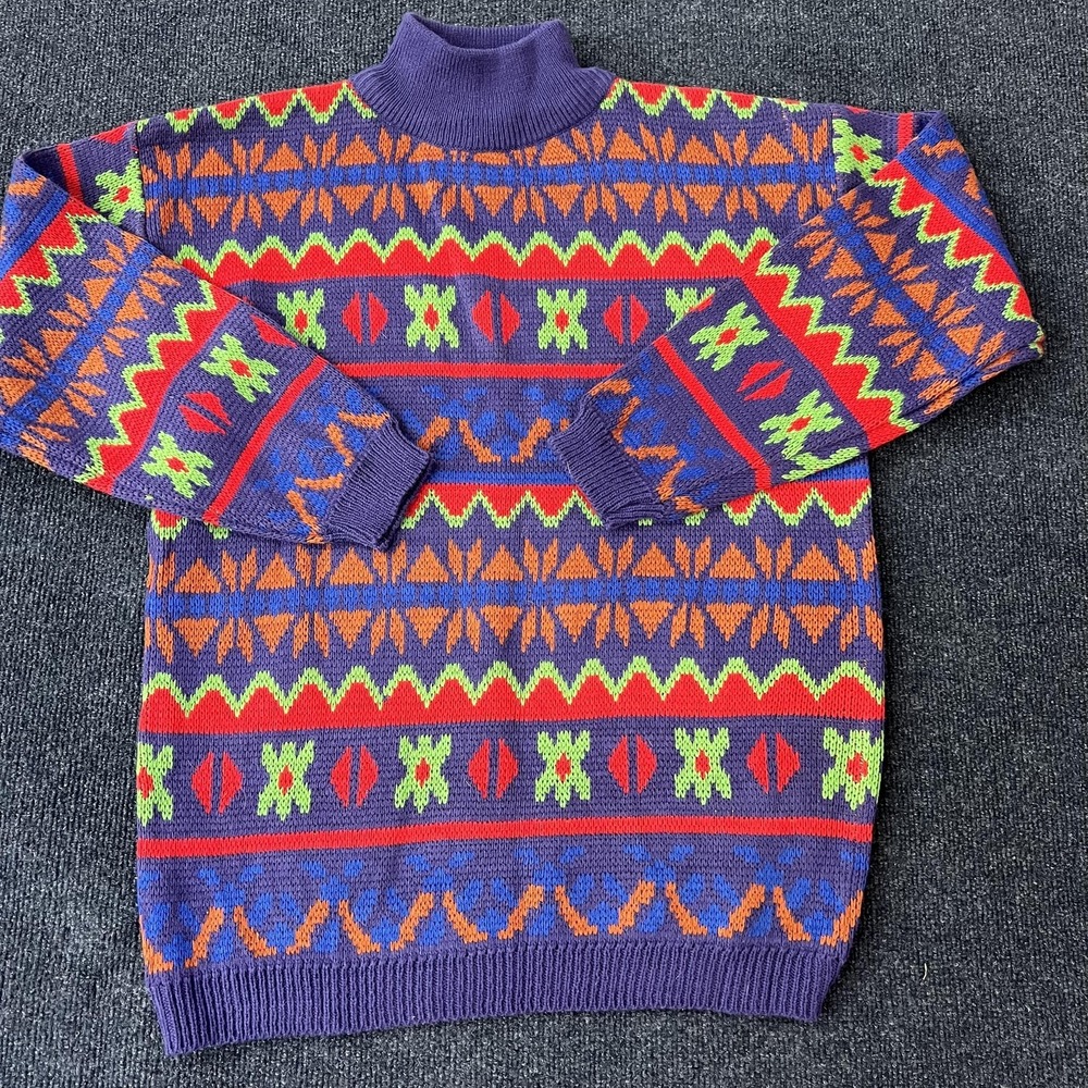 Vintage Jamie Scott Sweater Womens Medium Purple Geometric Knit Mock Neck 80s‎